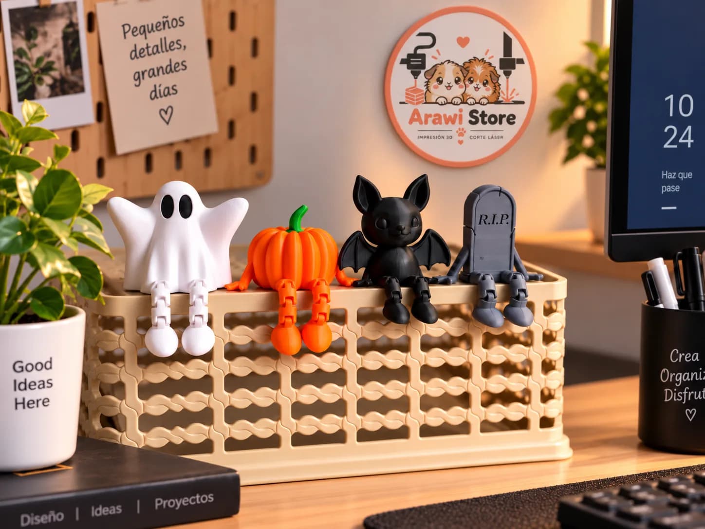 Pack Halloween 3D Articulado – Fantasma, Calabaza, Murciélago y Lápida