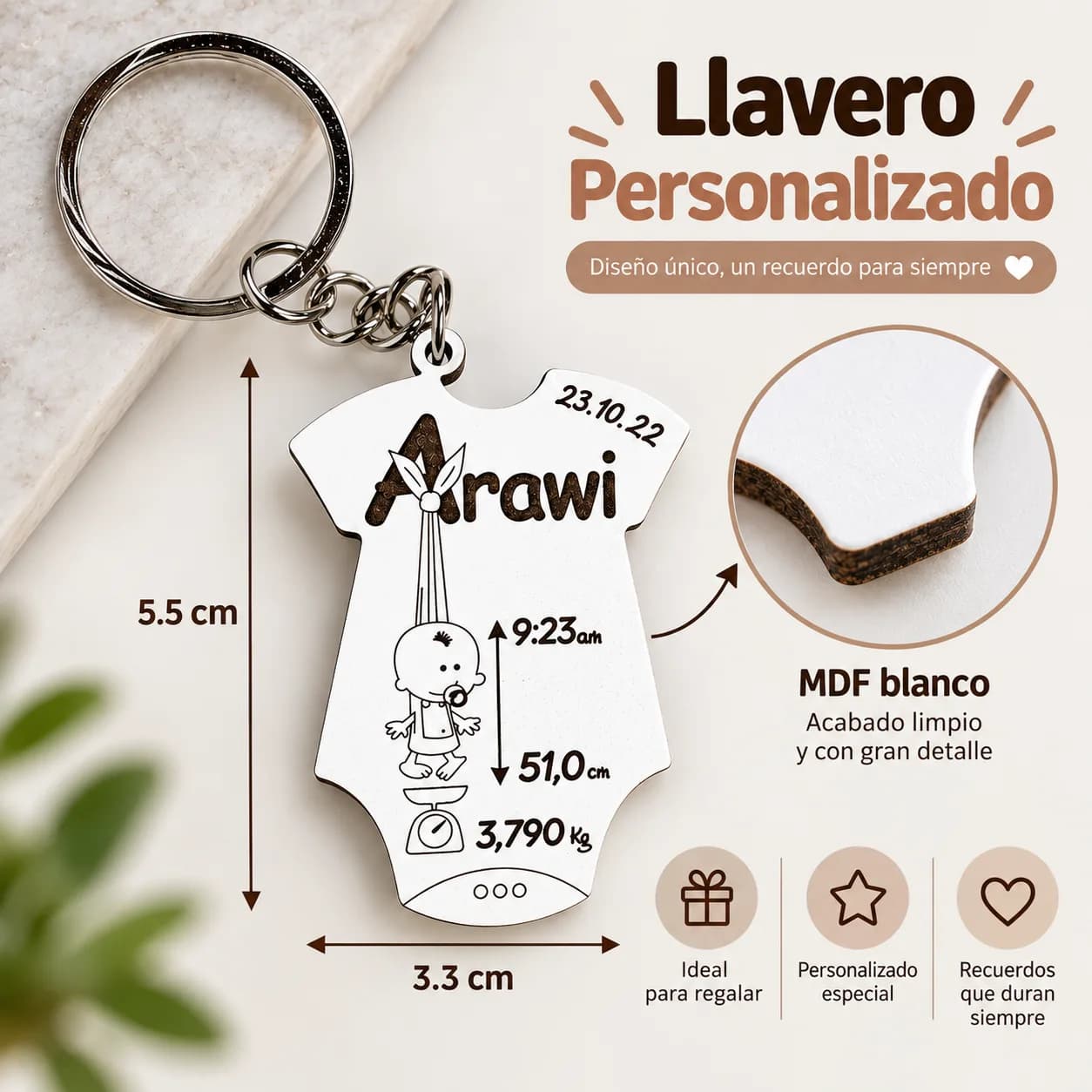 Llavero Personalizado de Nacimiento para Bebé – MDF Blanco